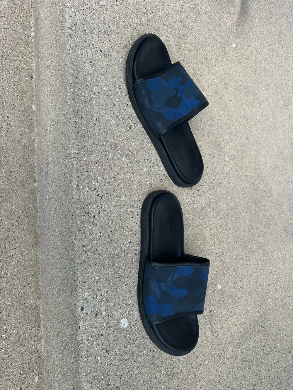 Barneys New York Black Slide Sandals with Blue Camo Strap